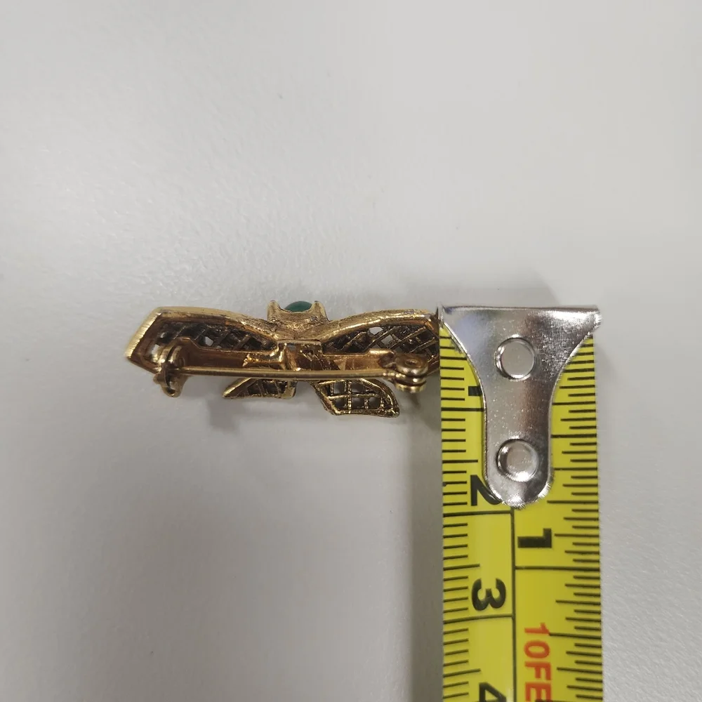 Vintage Gold Filigree Bow Brooch Pin Green Cabochon Pearl Accents Victorian MCM